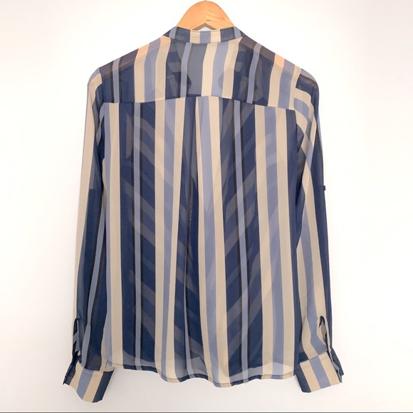 Striped Wrap Long Sleeve Blouse Top Cuffed Mandarin Collar in Blue, Beige (S-M) - Picture 4 of 5